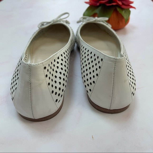 PRADA White Perforated Leather Bow Pointed Toe Ballet Flats 37 1/2 AUTHENTIC - Picture 5 of 8